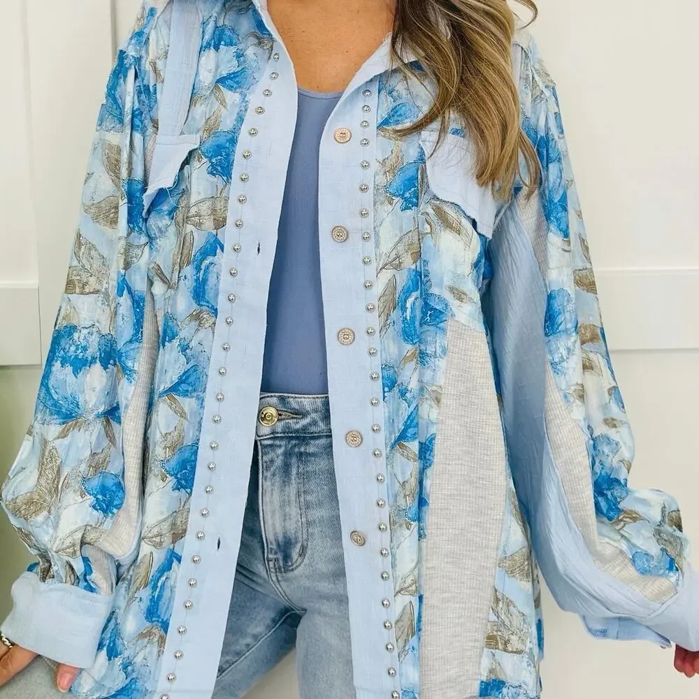 POL Patchwork Blossoms Top In Blue - Picture 1 of 5